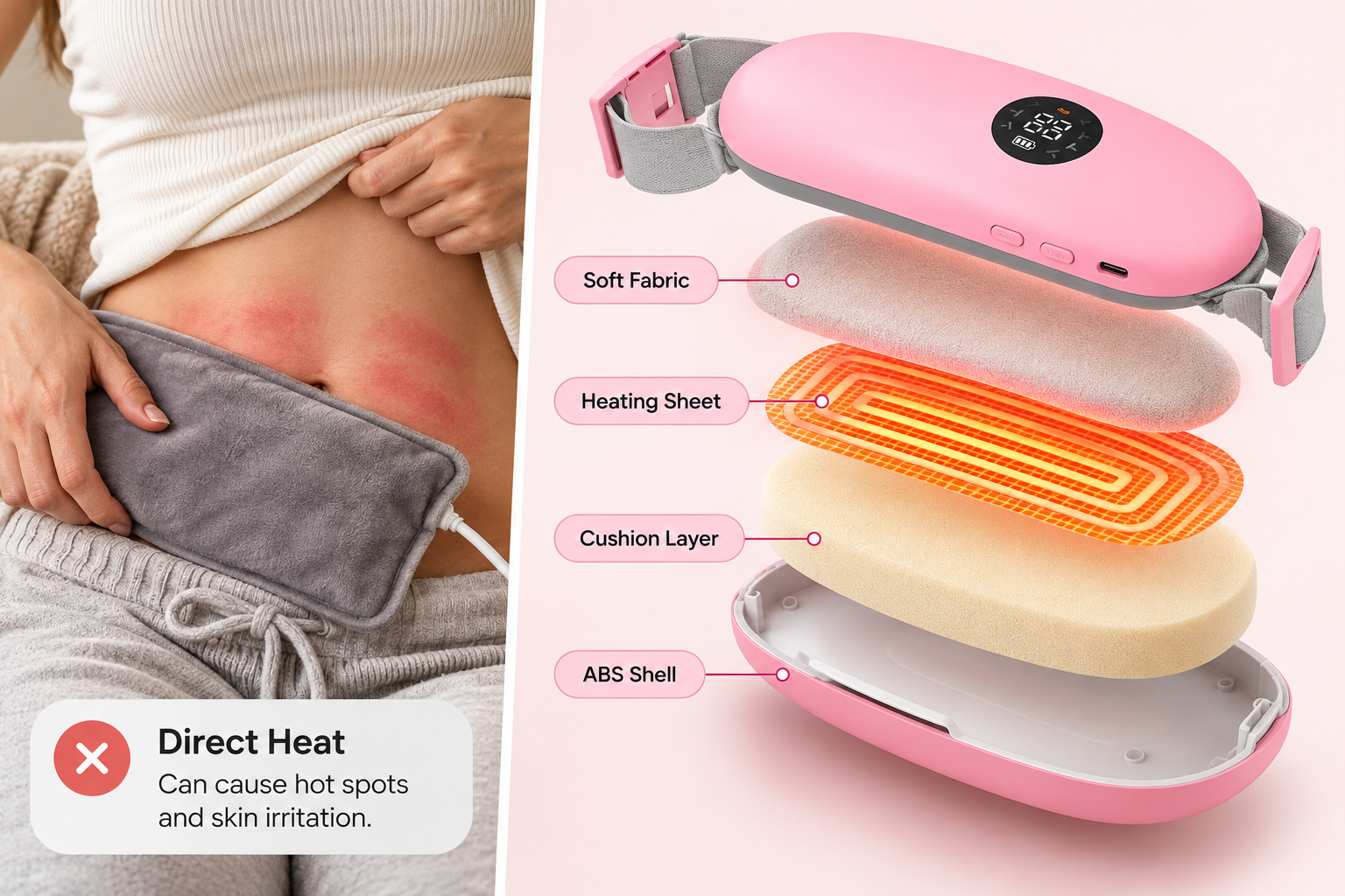 CrampEase Heating Pad for Period Cramps – Wearable Electric Menstrual Heating Pad with Massage, Portable Cordless Heat Belt