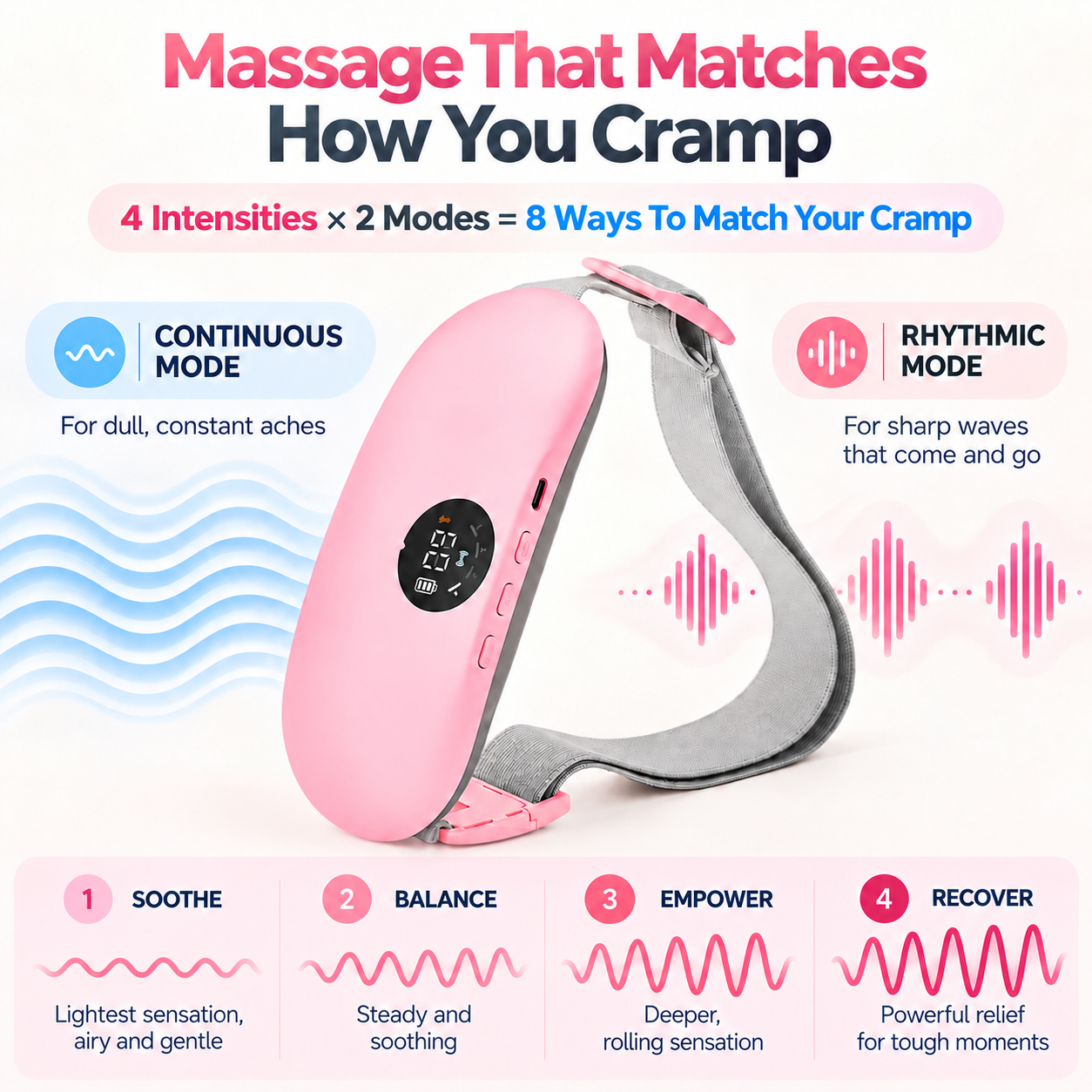 CrampEase Heating Pad for Period Cramps – Wearable Electric Menstrual Heating Pad with Massage, Portable Cordless Heat Belt