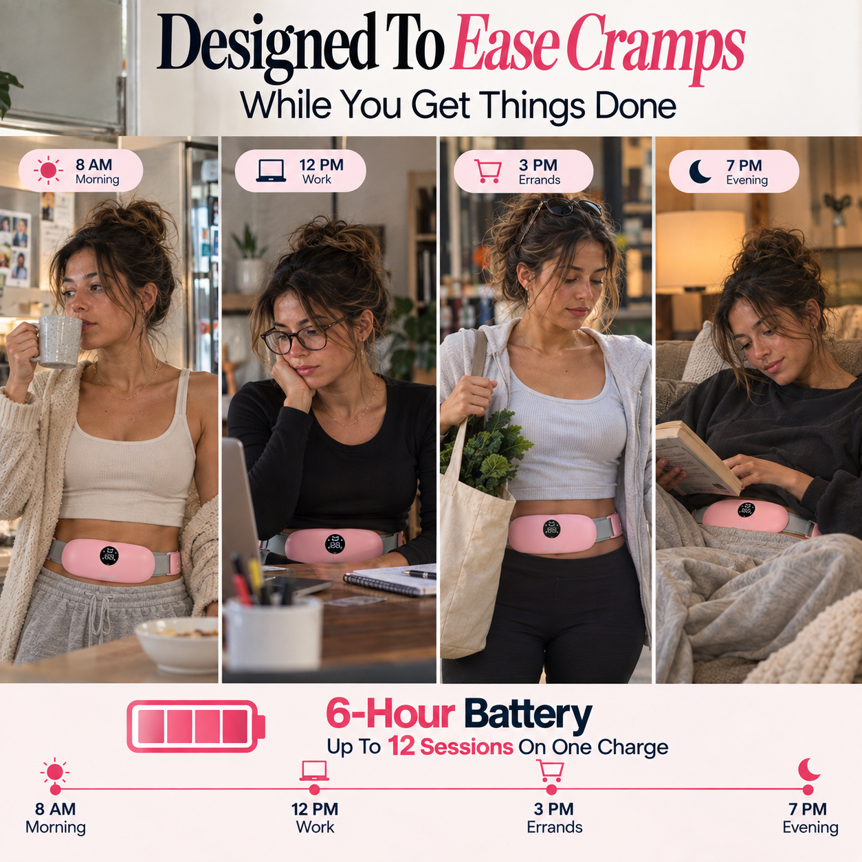 CrampEase Heating Pad for Period Cramps – Wearable Electric Menstrual Heating Pad with Massage, Portable Cordless Heat Belt