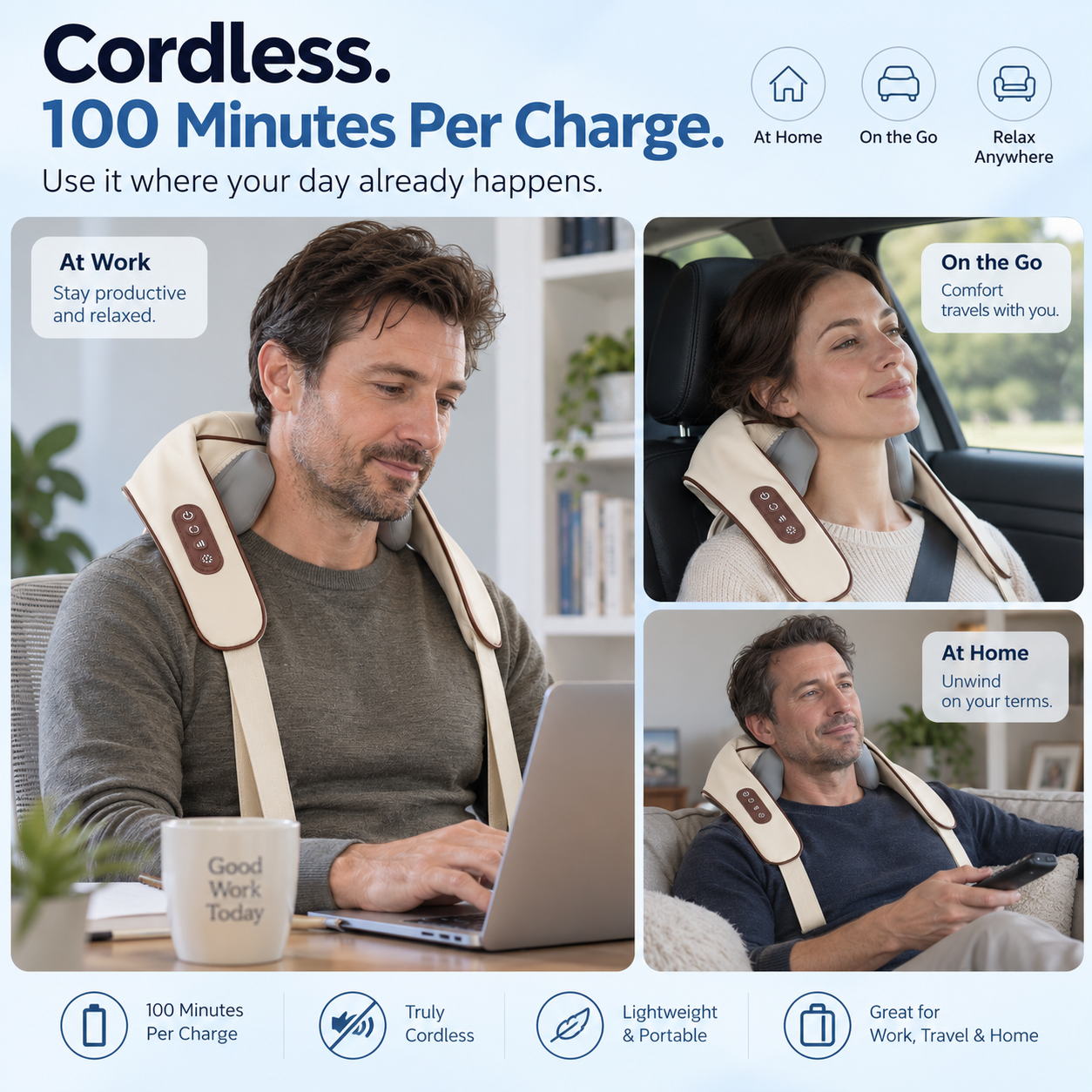 TrueKnead Neck and Shoulder Massager with Heat - Cordless Shiatsu Kneading Massager for Neck, Shoulders and Upper Back, 4D Nodes