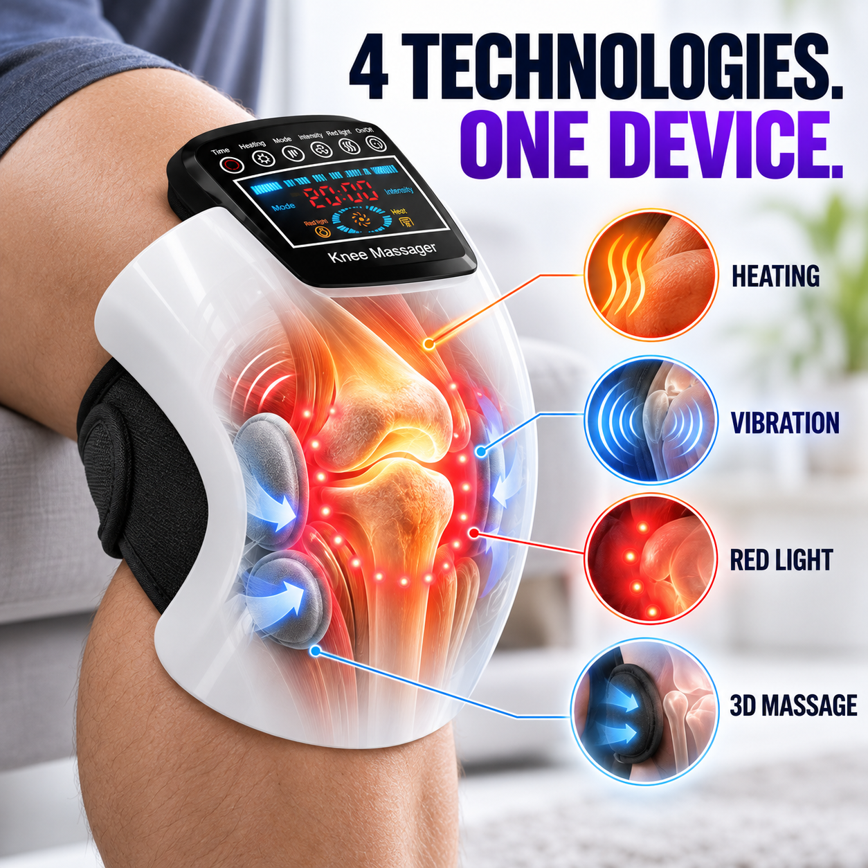 HyperEase Knee Massager with Heat and Vibration, Cordless Red Light Knee Massager, 660nm plus 850nm Near-Infrared, Wearable